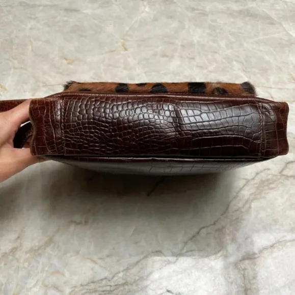 FURLA Croc Brown Leather Shoulder Crossbody Leopard Bag Made in Italy